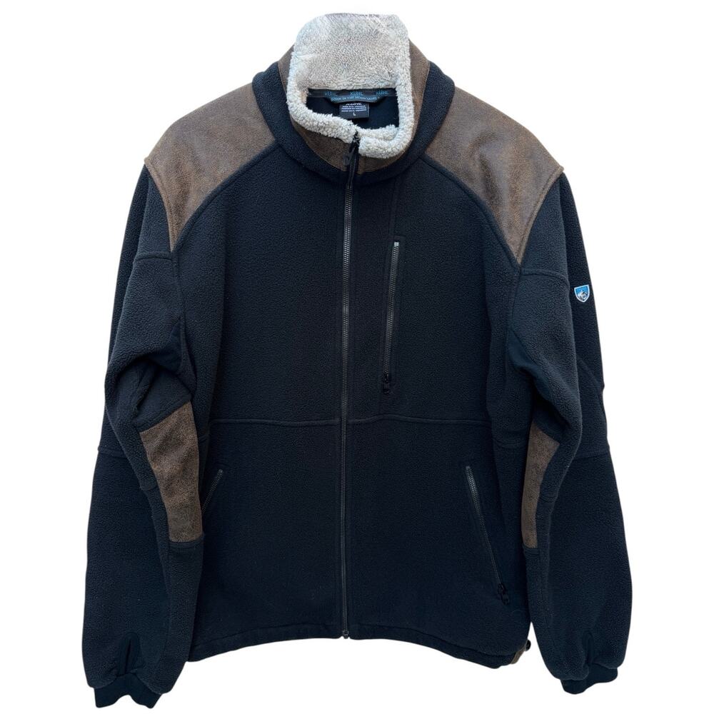 KUHL Sherpa Lined Fleece Jacket Mens Large Black Brown Outdoor Full Zip Coat